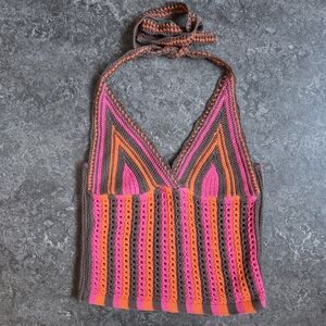 Kimchi Blue NWT UO Vibrant Halter Crochet Striped Knit Fitted Top M